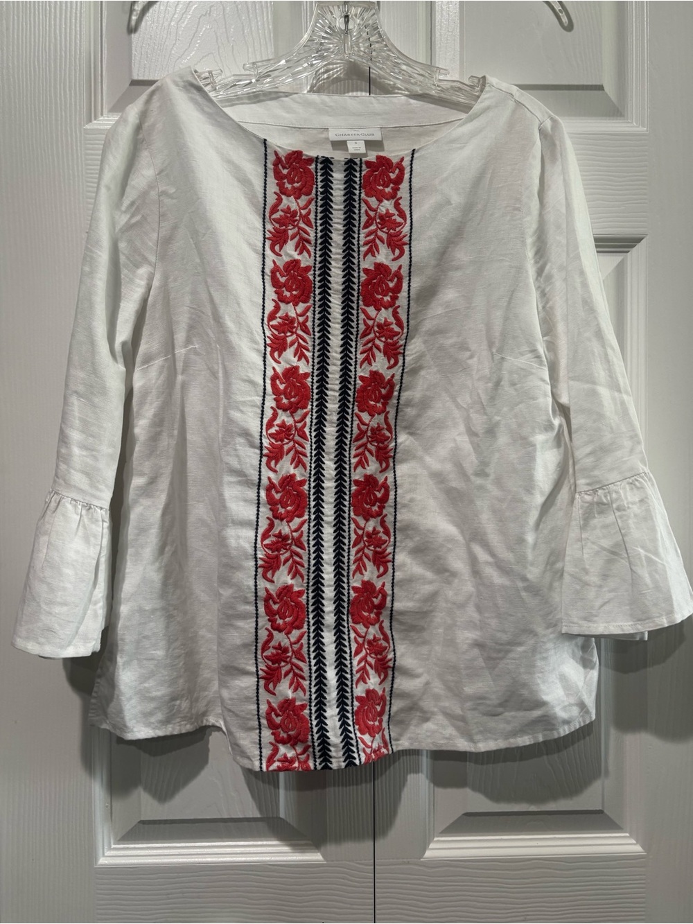 Charter Club White Tunic with Red Floral Embroidery and Black Stripe